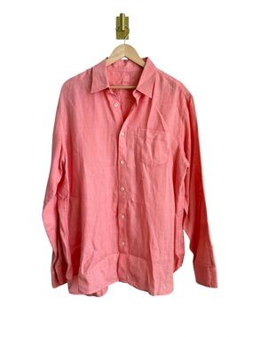 120% Lino 100% Linen Button Down Shirt XXL Pink Coral Relaxed Fit Italian